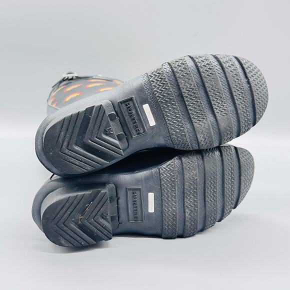 Hunter Boots Kids Girls 1 Black Rainbow Print Tall Wellington Buckle Rain Shoes - Picture 8 of 11